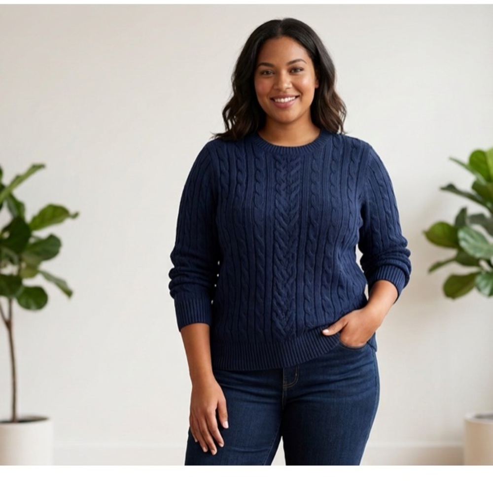 Lands' End Navy Cable-Knit Crewneck Sweater